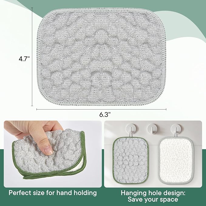 Innovative Dishwashing Cloth 2 Layers(Soft Cotton Layer and Nubbed Wire Scrub Layer)Dish Cloth with Hanging Rope Ideal for Kitchen Cleaning and Housekeeping to Clean Dishes Cookware Sinks Countertops
