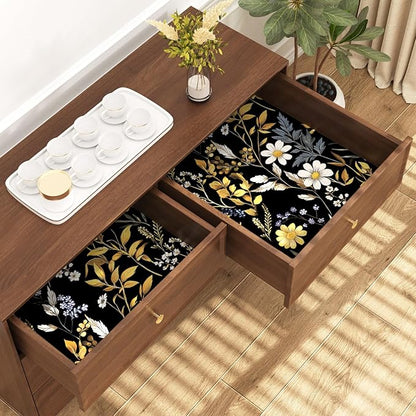 Drak Floral Wallpaper Peel and Stick Vintage Black Golden Wallpaper Vinyl Waterproof Self-Adhesive Removable Boho White Botanical Wall Paper Modern for Bedroom Walls Drawer Cabinet 17.5in x118in