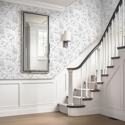 Guvana 17.3in×118in Floral Peel and Stick Wallpaper Boho Contact Paper Grey and White Wall Paper Modern Waterproof Wallpaper for Bathroom Bedroom Neutral Farmhouse Self Adhesive Removable Vinyl Roll