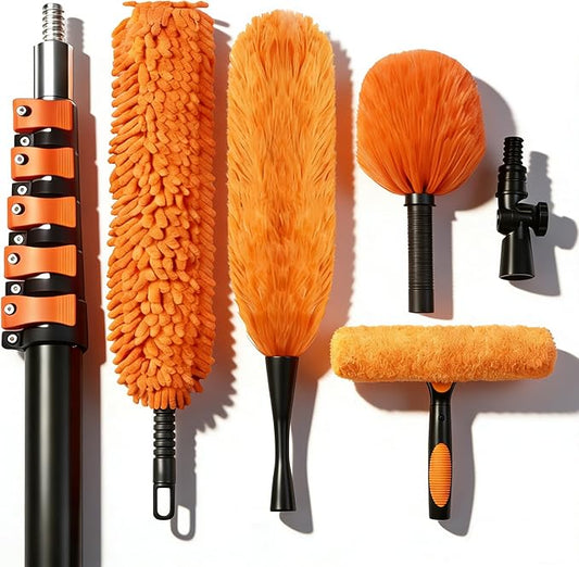 26FT High Reach Duster Kit with 5-20FT Flip-Lock & Screw Dual Locking Extension Pole, Cobweb Duster, Washable Ceiling Fan Cleaner & Window Squeegee for Glass & High Roof
