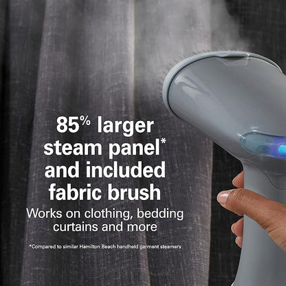 Hamilton Beach Handheld Garment Steamer for Clothes, Fabric and Drapes,1200 Watts, 400ml Water Tank, 20 Minutes of Continuous Steam, Vacation Essentials, Gray & Blue (11557)