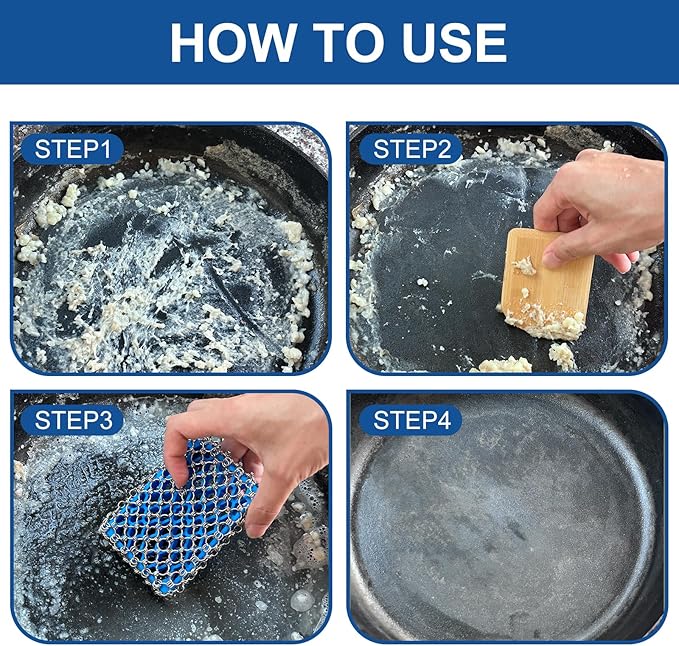 Cast Iron Scrubber - 316 Stainless Steel with Silicone Core, Bamboo Scraper, Perfect Cleaner Set for Cast Iron Pans, Skillets, Pots, Woks