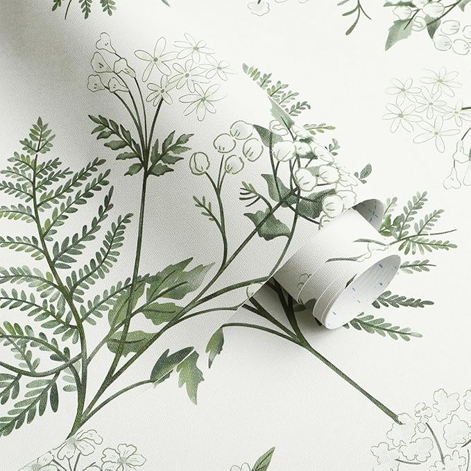 Timeet Green Floral Wallpaper Peel and Stick Floral Leaf Contact Paper 16.14"x393.7" Green White Flower Wallpaper Removable Self Adhesive Wall Paper for Walls Covering