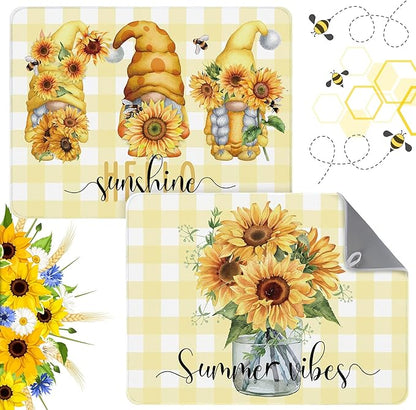 SiliFine 2 Pcs Sunflower Dish Drying Mat for Kitchen, Summer Absorbent Microfiber Dish Mat Counter Sunflower Gnome 18 x 24 Inch Dish Draining Mat Dish Drying Pad Reusable Washable Mat