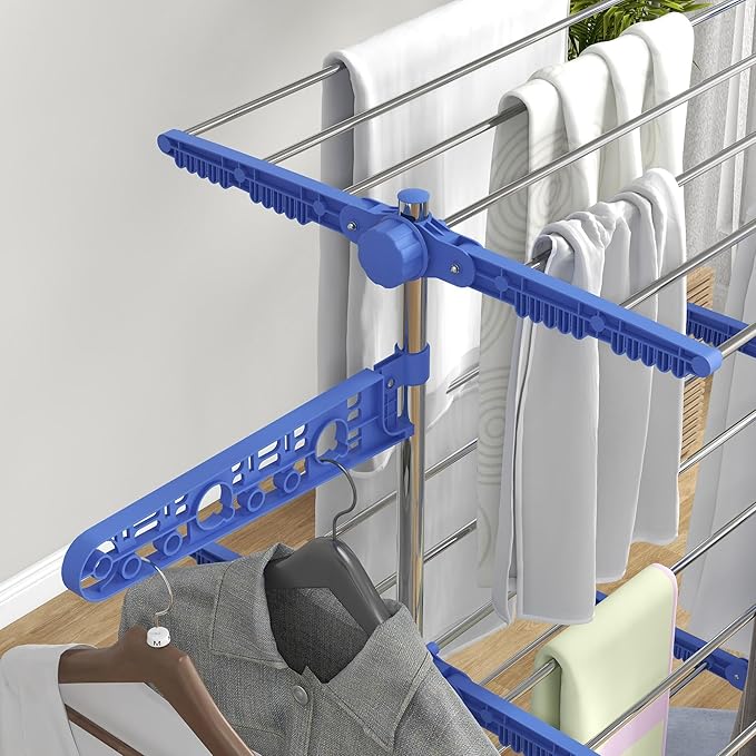 HOMCOM Folding Clothes Airer in Stainless Steel and Plastic, Space-Saving Vertical Drying Rack with 6 Wheels, Hooks and 3 Adjustable Shelves for Indoors, 142 x 55 x 152 cm, Silver Blue