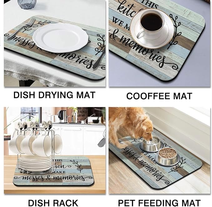 Dish Drying Mat for Kitchen Counter 2 Pack with Non-Slip Rubber Backing - Heat-Resistant Absorbent Coffee Bar Mat, Dish Rack Mat, Kitchen Rules Dish Drying Mats 18x24+19.5x12 inch