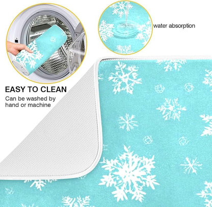 Winter Snowflake Turquoise Dish Drying Mat for Kitchen Countertop 16x18 Christmas Snow Aqua Xmas Small Drying Mat Reusable Quick Dry Dish Sink Mats Easy Clean Decorative Essentials