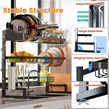 ADBIU Over Sink Dish Drying Rack (Expandable Height/Length) Snap-On Design Large Dish Drainer Storage Counter Organizer 32-40L x 12W x 34-38H (inches)