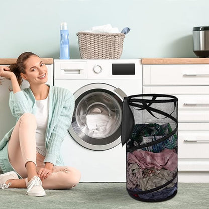 BATTOO Collapsible Laundry Basket with Lid Foldable Mesh Pop Up Hamper with Handles for Laundry Room, Bathroom, Kids Room, College Dorm, Travel, Storage Organizer Black