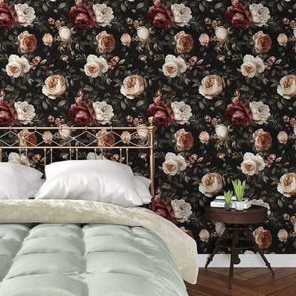 Floral Wallpaper Peel and Stick, Vintage Dark Black/White/Red Rose Contact Paper 17.5" x 197" , Retro Flowers Wall Paper Self Adhesive Waterproof Removable for Room Shelves Cabinet Drawer Table Decor
