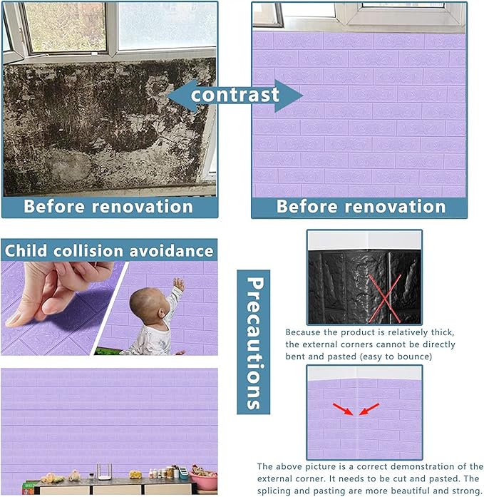 3D Wall Panels, 58 sq.feet Coverage, Printable Wallpaper Sticker with Self-Adhesive Waterproof Brick PE Foam Wall Panels Peel and Stick for Interior Wall Decor, Home Decoration 40 PCS Purple