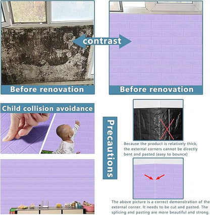 3D Wall Panels, 14.5 sq.feet Coverage, Printable Wallpaper Sticker with Self-Adhesive Waterproof Brick PE Foam Wall Panels Peel and Stick for Interior Wall Decor, Home Decoration 10 PCS Purple