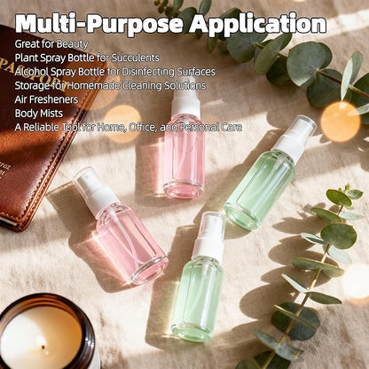 4 Pack 2oz Clear Glass Spray Bottles, Fine Mist Refillable Atomizer for Essential Oils, Perfume, Hair, Face & Travel | Leak-Proof Mini Empty Spritzer Bottles with Labels, Funnel & Pipette (60ml)