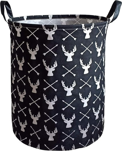 KUNRO Round Laundry Gift Basket Storage Hamper, Clothes Storage Organizer Bins, Shelf Basket with Handles for Room Decor (Deer)