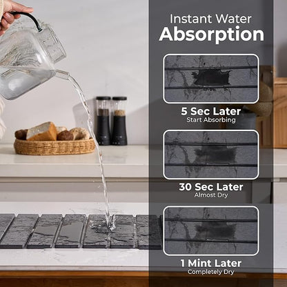 Large Stone Dish Drying Mat for Kitchen Counter - Quick Dry Stone Dishes Mats, Foldable Water Absorbing Diatomaceous Earth Drying Organizer Pad for Rack Bottles Plate (Dark Gray 24"×16" & 8"x5")