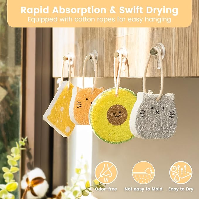Cellulose Compressed Eco-Sponge 10 Pack- Avocado Sandwich Set | Standard Size| Plastic-Free & Made of All-Natural Wood Pulp | Showering, Dishwashing & Cleaning for Household, Kitchen & Bathroom