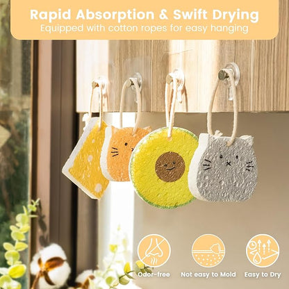 Cellulose Compressed Eco-Sponge 5 Pack- Avocado Sandwich Set |Standard Size| Plastic-Free & Made of All-Natural Wood Pulp | Showering, Dishwashing & Cleaning for Household, Kitchen & Bathroom