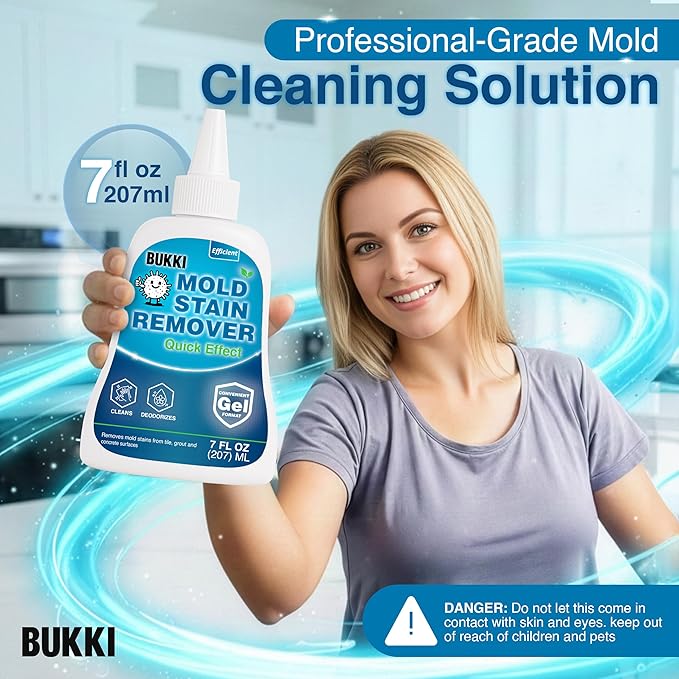 BUKKI Professional Mold Stain Remover Gel (7 FL OZ), Heavy Duty Thick Gel for Shower Grout, Front Load Washer Seals, Caulking, Bathrooms, Sinks and Tile