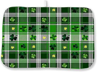 St Patricks Day Dish Drying Mat 18x24 Inch Green Lucky Shamrock Buffalo Plaid Drying Mat Checkered Spring Holiday Absorbent Dish Drying Pad Dish Rack Drainer Mats for Kitchen Dining Counter