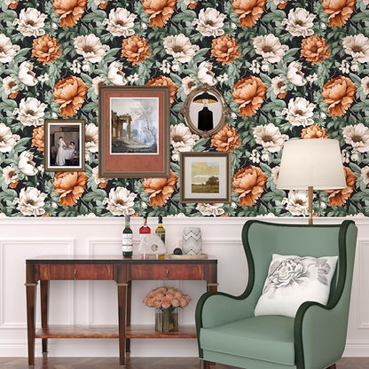 Floral Wallpaper Peel and Stick, Vintage Large Blooming Flowers Contact Paper 17.5" x 118", Retro Wall Paper Self Adhesive Removable Waterproof for Room Walls Shelves Cabinet Table (Orange, Green)