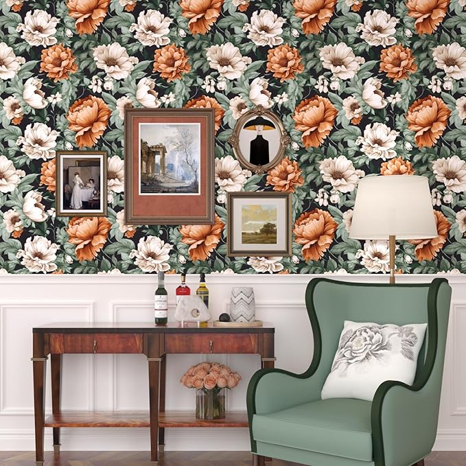 Floral Wallpaper Peel and Stick, Vintage Large Blooming Flowers Contact Paper 17.5" x 393.7", Retro Wall Paper Self Adhesive Removable Waterproof for Room Walls Shelves Cabinet Table (Orange, Green)