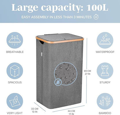 LONBET Laundry Basket with Lid, Made from Breathable Fabric | Aesthetic Clothes Hampers for Laundry with Side Handles & Sturdy Bamboo Frame (26 Gallons - Single, Gray)