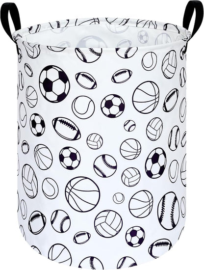 KUNRO Round Laundry Gift Basket Storage Hamper, Clothes Storage Organizer Bins, Shelf Basket with Handles for Room Decor (Sports ball)