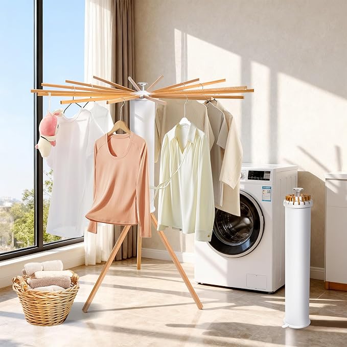Clothes Drying Rack, Foldable Wooden Tripod Drying Rack Clothing for Small Apartments Balcony Bedroom, Portable Space Saving Laundry Rack, Floor Standing with 16 Poles for Indoor Air Drying