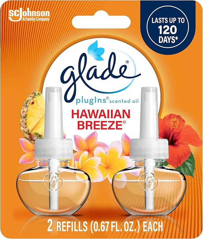 Glade PlugIns Refills Air Freshener, Scented and Essential Oils for Home and Bathroom, Hawaiian Breeze, 1.34 Fl Oz, 2 Count