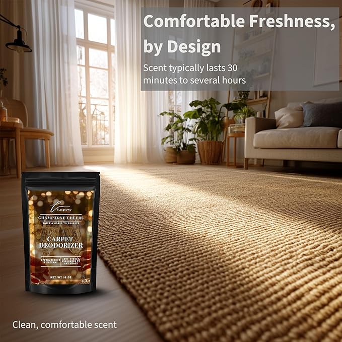 Lapew Champagne Cheers Carpet Deodorizer Powder - Pet Safe Freshener for Vacuuming | Scented Odor Eliminator for Home | 16 oz