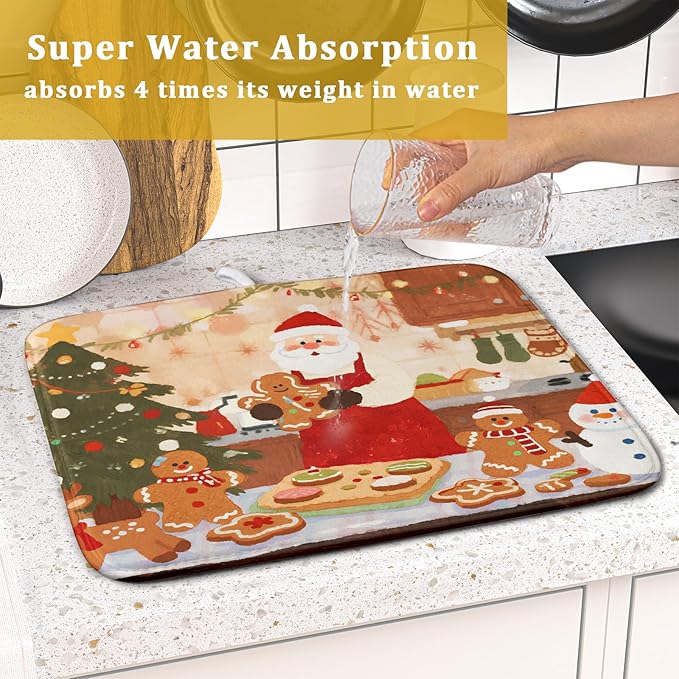 Christmas Dish Drying Mat for Kitchen Counter 16x18 Santa Claus Gingerbread Winter Xmas Holiday Themed Absorbent Reversible Microfiber Drying Mats Kitchen Countertop Protector Dishes Drainer Rack Pad