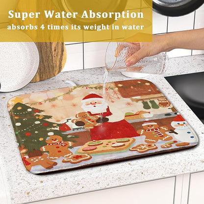 Christmas Dish Drying Mat for Kitchen Counter 16x18 Santa Claus Gingerbread Winter Xmas Holiday Themed Absorbent Reversible Microfiber Drying Mats Kitchen Countertop Protector Dishes Drainer Rack Pad