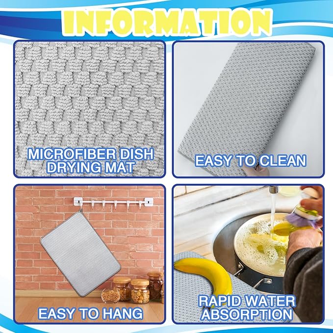 3 Pack Microfiber Dish Drying Mat,24 x 17 inch Super Absorbent Drying Pad,Large Size Dish Drying Mat for Countertops,Sinks,Draining Racks,Gray