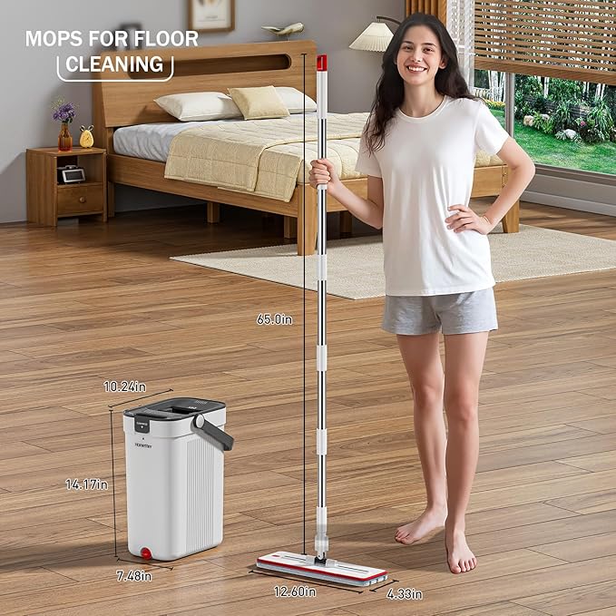 Mop and Bucket Set, 3-Tank Flat Mop and Bucket System for Separate Dirty & Clean Water, 65" Mops for Floor Cleaning with 4 Washable Pads, Safe for Hardwood, Vinyl, Tile, Baseboards, Walls