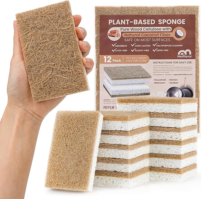 Metflavor Plant-Based Natural Kitchen Sponges,Biodegradable Non-Scratch Cellulose & Coconut Walnut Scrubber Sponge, Eco-Friendly & Sustainable (12 Pack)