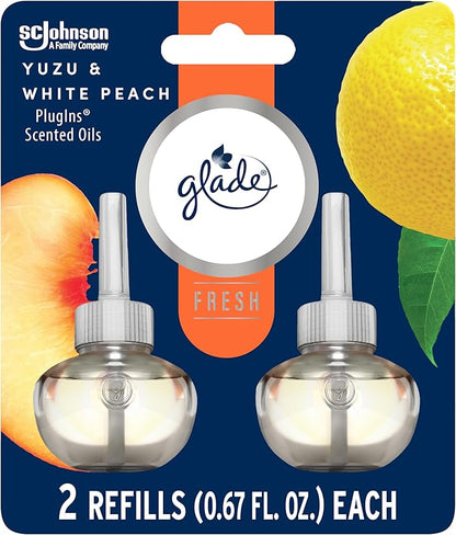 Glade PlugIns Refills Air Freshener, Scented and Essential Oils for Home and Bathroom, Yuzu & White Peach, Fresh Collection 1.34 Fl Oz, 2 Count