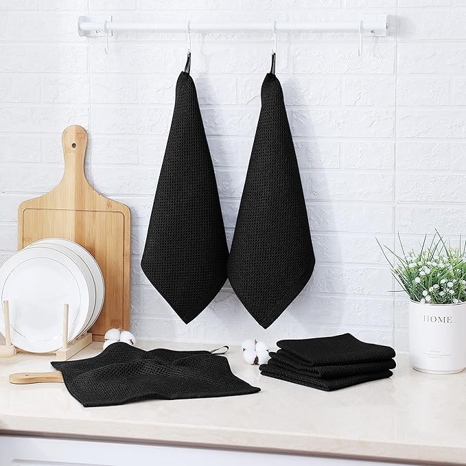 Kitinjoy 100% Cotton Kitchen Dish Cloths (12 X 12 Inches, Black), 8 Pack Waffle Weave Ultra Soft Absorbent Dish Towels for Drying Dishes Quick Drying Kitchen Towels Dish Rags
