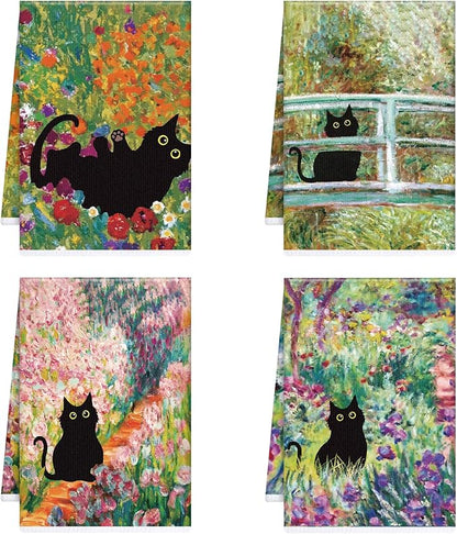 Black Cat Kitchen Towels, 4PCS Cat and Flower Dish Towels for Cooking Cleaning, Absorbent Aesthetic Decorative Tea Towel with Hanging Loop for Home Kitchen(16 X 24 Inches)