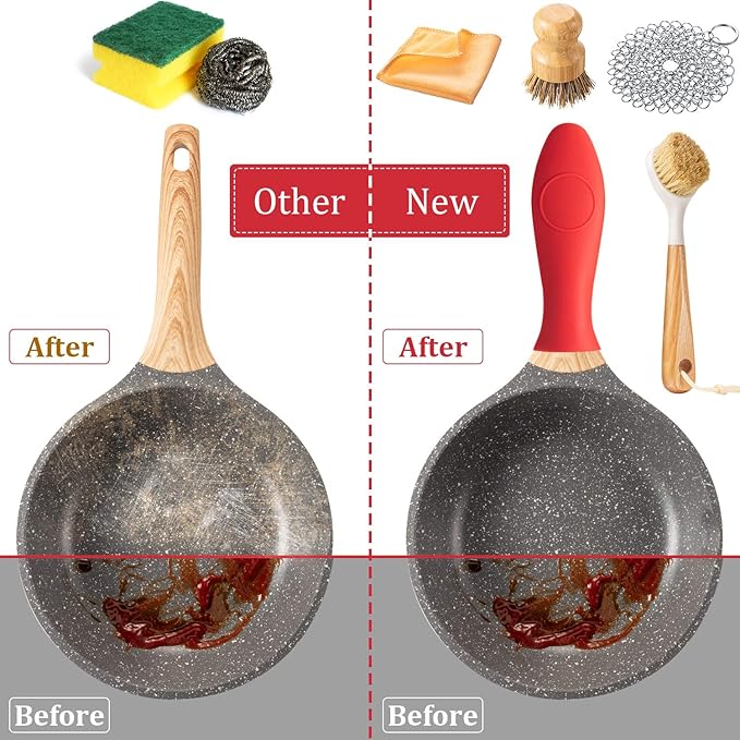 Patelai 8 Pieces Cast Iron Skillet Cleaner Care Kit Include Chainmail Scrubber, Bamboo Handle Dish Brush, Scrub Brushes, Pan Grill Scrapers for Cleaning Cast Iron Skillets, Pot & Pans(Orange)