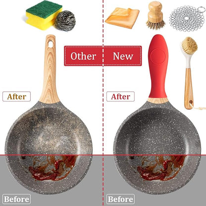 Patelai 8 Pieces Cast Iron Skillet Cleaner Care Kit Include Chainmail Scrubber, Bamboo Handle Dish Brush, Scrub Brushes, Pan Grill Scrapers for Cleaning Cast Iron Skillets, Pot & Pans(Orange)