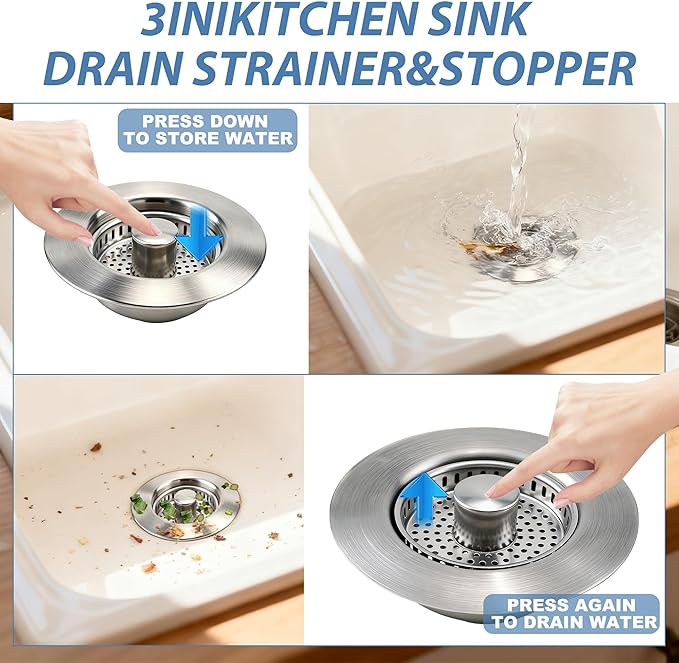 Kitchen Sink Drain Strainer,Stainless Steel 3-in-1 Pop-up Sink Stopper with Sealing Ring, Anti-Clog & Odor-Proof Drain Filter, Fits 3-1/2 Inch Sink Drain Holes, Easy Installation