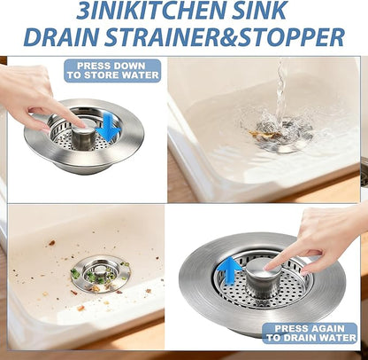 Kitchen Sink Drain Strainer,Stainless Steel 3-in-1 Pop-up Sink Stopper with Sealing Ring, Anti-Clog & Odor-Proof Drain Filter, Fits 3-1/2 Inch Sink Drain Holes, Easy Installation