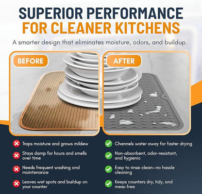 Silicone Dish Drying Mat for Kitchen Counter - Multi-Use 18 x 16 Inch Pad, Non-Slip & Heat-Resistant, Perfect Dish Drainer Mat by Linda’s Essentials, Ideal Kitchen Accessory (Gray)