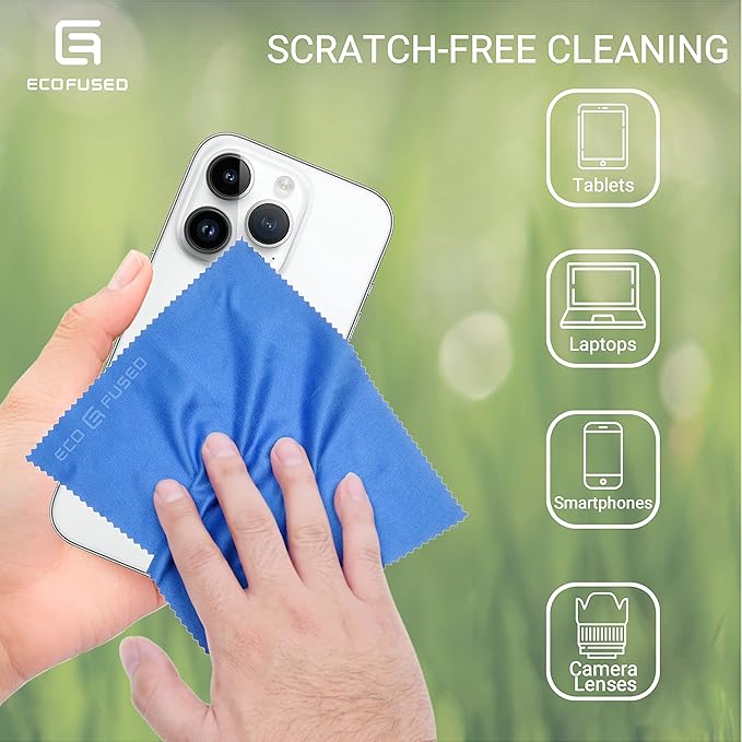 Eco-Fused Microfiber Cleaning Cloths - 10 Colorful Cloths and 2 White Cloths - Ideal for Cleaning Glasses, Spectacles, Camera Lenses, iPad, Tablets, Phones, LCD Screens (Blue/Grey)