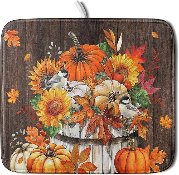 Fall Pumpkin Dish Drying Mat for Kitchen Counter Decor 16x18 Inch Halloween Thanksgiving Dish Drainer Mats Absorbent Reversible Dishes Pad