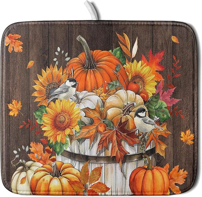 Fall Pumpkin Dish Drying Mat for Kitchen Counter Decor 16x18 Inch Halloween Thanksgiving Dish Drainer Mats Absorbent Reversible Dishes Pad