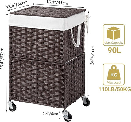 Chrislley 90L Slim Laundry Hamper with Wheels, Rolling Laundry Basket with Lid and Renovable Liner Bag, Handwoven Rattan Organizer for bedroom, bathroom, laundry room (Brown)