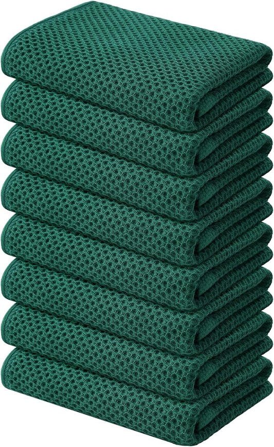 Kitinjoy 100% Cotton Waffle Weave Kitchen Hand Towels (13 X 28 Inches, Dark Green), 8-Pack Super Soft and Absorbent Dish Towel for Drying Dishes