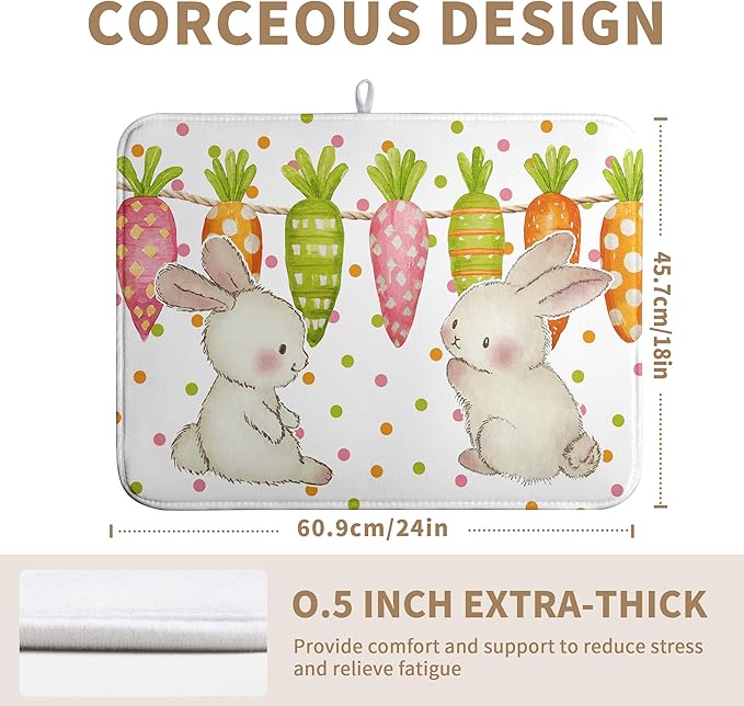 Easter Spring Dish Drying Mats Cute Bunny Dish Mat Easter colorful Carrots Drying Matt Dishes Dryer Pad for Kitchen Counter Absorbent Microfiber Washable Foldable Reusable 18x24 in