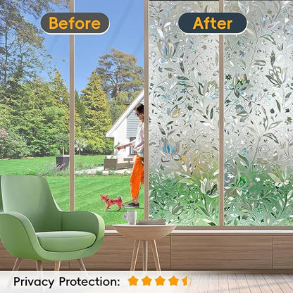 Rainbow Window Privacy Film Decorative, Stained Glass Tint for Home, 3D Decals Clings for Glass Door, Static Cling 29.5" by 78.74"